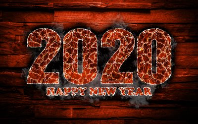 2020 البرتقالي الناري أرقام, 4k, سنة جديدة سعيدة عام 2020, البرتقال خلفية خشبية, 2020 النار الفن, 2020 المفاهيم, 2020 أرقام السنة, 2020 على الخلفية البرتقالية, العام الجديد عام 2020