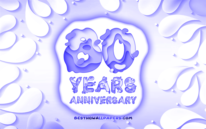 80e anniversaire, 4k, 3D p&#233;tales cadre, anniversaire, concepts, fond bleu, 3D lettres, 80e signe d&#39;anniversaire, illustration, 80 Ans Anniversaire