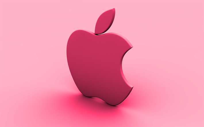 Apple vaaleanpunainen logo, vaaleanpunainen tausta, luova, Apple, minimaalinen, Apple-logo, kuvitus, Apple 3D logo