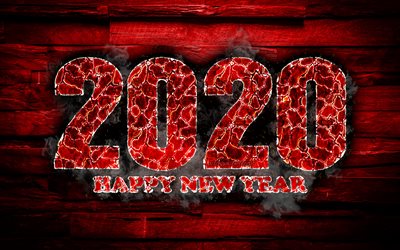 4k, 2020 red fiery digits, Happy New Year 2020, red wooden background, 2020 fire art, 2020 concepts, 2020 year digits, 2020 on red background, New Year 2020
