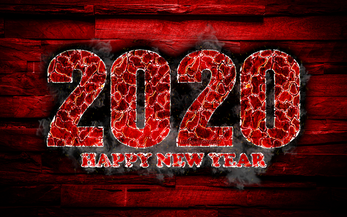 4k, 2020 red fiery digits, Happy New Year 2020, red wooden background, 2020 fire art, 2020 concepts, 2020 year digits, 2020 on red background, New Year 2020