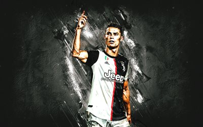Cristiano Ronaldo, Juventus FC, Portugisisk fotbollsspelare, portr&#228;tt, gr&#229; sten bakgrund, fotbolls-star, CR7, Champions League