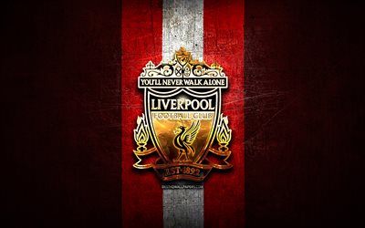 Liverpool FC, golden logotyp, LFC, Premier League, red metal bakgrund, fotboll, engelska football club, Liverpool logotyp, England