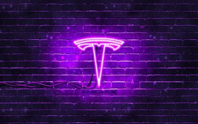 Logo viola Tesla, 4k, muro di mattoni viola, logo Tesla, marche di auto, logo al neon Tesla, Tesla