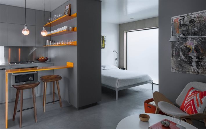 elegante interior gris, apartamentos, paredes grises en el apartamento, muebles de cocina naranja, proyecto de apartamento