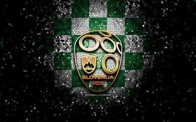 Slovenian football team, glitter logo, UEFA, Europe, green white checkered background, mosaic art, soccer, Slovenia National Football Team, SNZS logo, football, Slovenia