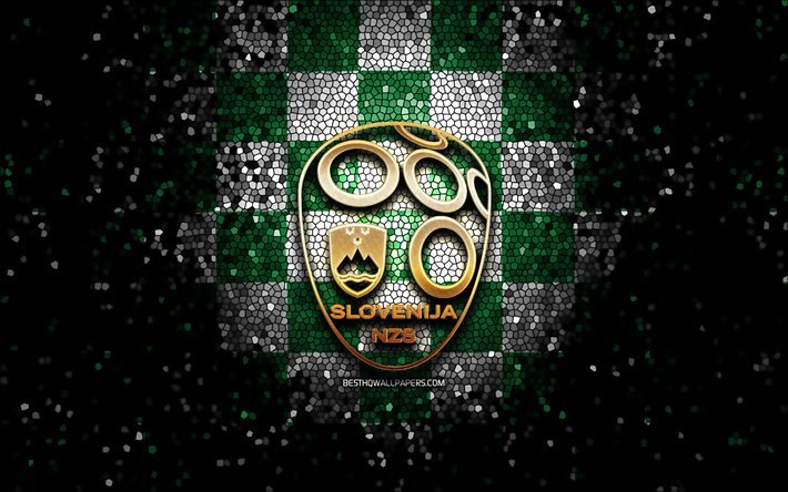 Sloven futbol takımı, glitter logo, UEFA, Avrupa, yeşil beyaz damalı arka plan, mozaik sanat, futbol, Slovenya Milli Futbol Takımı, SNZS logosu, Slovenya