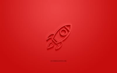 raketen-3d-symbol, roter hintergrund, 3d-symbole, raketen-startup, kreative 3d-kunst, startzeichen, business-3d-symbole, mission-3d-symbol