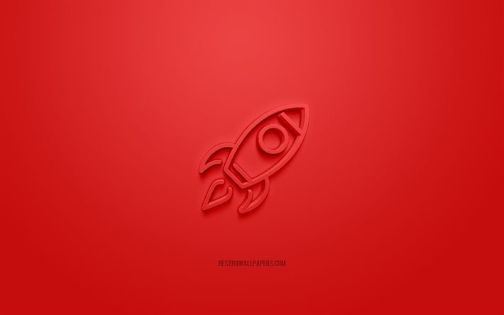 Icono de cohete 3d, fondo rojo, s&#237;mbolos 3d, inicio de cohete, arte creativo 3d, iconos 3d, signo de inicio, iconos de negocios 3d, icono de misi&#243;n 3d