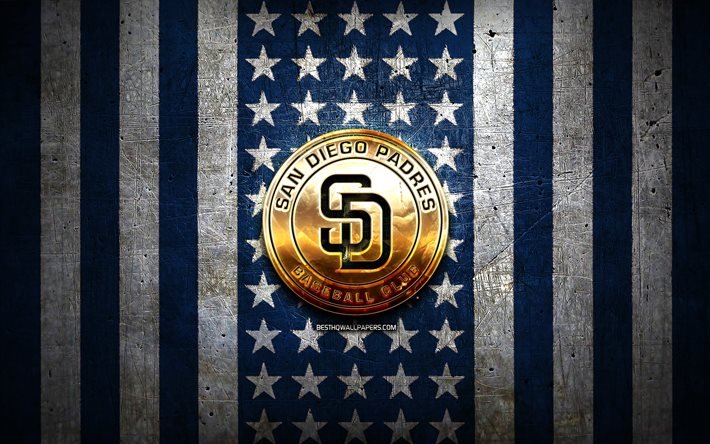 Bandeira do San Diego Padres, MLB, fundo de metal branco azul, time americano de beisebol, logotipo do San Diego Padres, EUA, beisebol, San Diego Padres, logotipo dourado