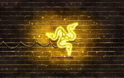 Logo jaune Razer, 4k, mur de briques jaune, logo Razer, marques, logo n&#233;on Razer, Razer
