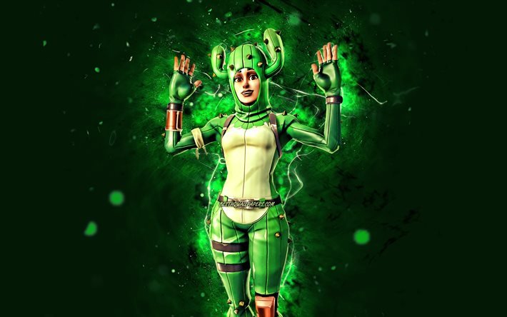 Prickly Patroller, 4k, green neon lights, 2020 games, Fortnite Battle Royale, Fortnite characters, Prickly Patroller Skin, Fortnite, Prickly Patroller Fortnite