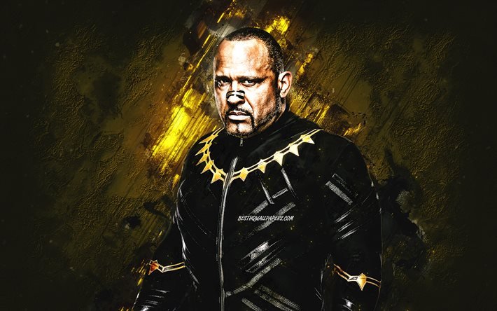 Montel Vontavious, WWE, american wrestler, portrait, yellow stone background, creative background, Hassan Hamin Assad