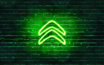 Citroen green logo, 4k, green brickwall, Citroen logo, cars brands, Citroen neon logo, Citroen