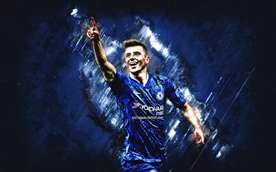 Mason Mount, Chelsea FC, English footballer, midfielder, portrait, blue stone background, football, Premier League