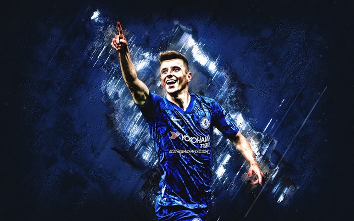 Mason Mount, Chelsea FC, englantilainen jalkapalloilija, keskikentt&#228;pelaaja, muotokuva, sininen kivi tausta, jalkapallo, Premier League