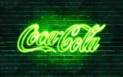 コカ・コーラグリーンのロゴ, 4k, 緑のブリックウォール, コカコーラのロゴ, ブランド, コカコーラネオンロゴ, コカ・コーラ