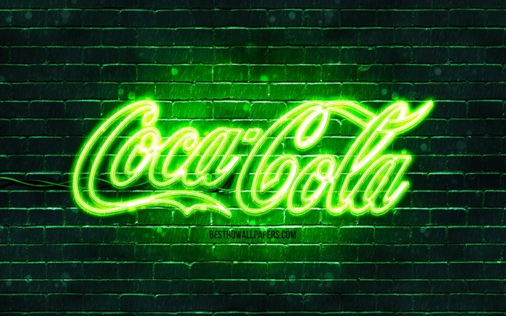 Coca-Cola yeşil logosu, 4k, yeşil tuğla duvar, Coca-Cola logosu, markalar, Coca-Cola neon logo, Coca-Cola