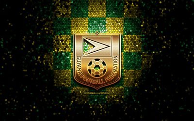 &#201;quipe de football du Guyana, logo de paillettes, CONCACAF, Am&#233;rique du Nord, fond quadrill&#233; jaune vert, art de la mosa&#239;que, football, &#233;quipe nationale de football du Guyana, logo GFF, Guyane