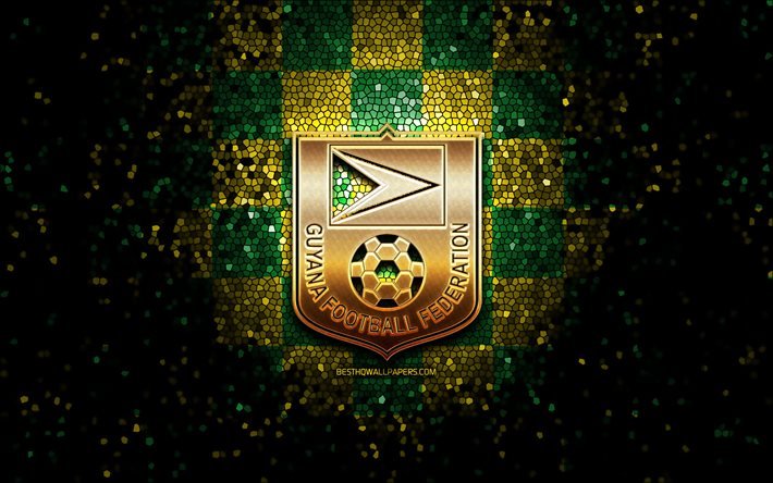 Squadra di calcio della Guyana, logo glitter, CONCACAF, Nord America, sfondo a scacchi giallo verde, arte del mosaico, calcio, Squadra nazionale di calcio della Guyana, logo GFF, Guyana