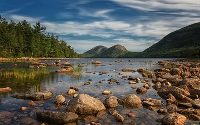 Acadian kansallispuisto, 4k, j&#228;rvi, kaunis luonto, vuoret, USA, Amerikka