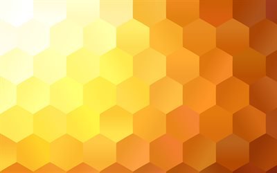 黄色の六角形, 4k, 六角形の3Dテクスチャ, 空間充填, 六角形パターン, 六角形のテクスチャ, 3Dテクスチャ, 黄色の背景