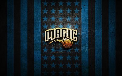 Bandeira do Orlando Magic, NBA, fundo de metal preto azulado, clube americano de basquete, logotipo do Orlando Magic, EUA, basquete, logotipo dourado, Orlando Magic