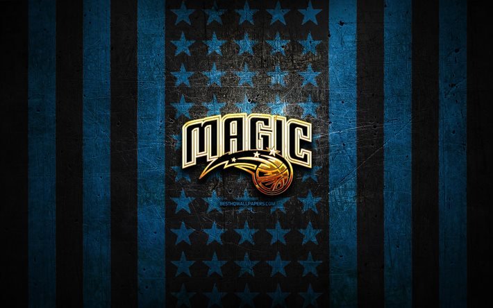 Orlando Magic-flagga, NBA, bl&#229; svartmetallbakgrund, amerikansk basketklubb, Orlando Magic-logotyp, USA, basket, gyllene logotyp, Orlando Magic