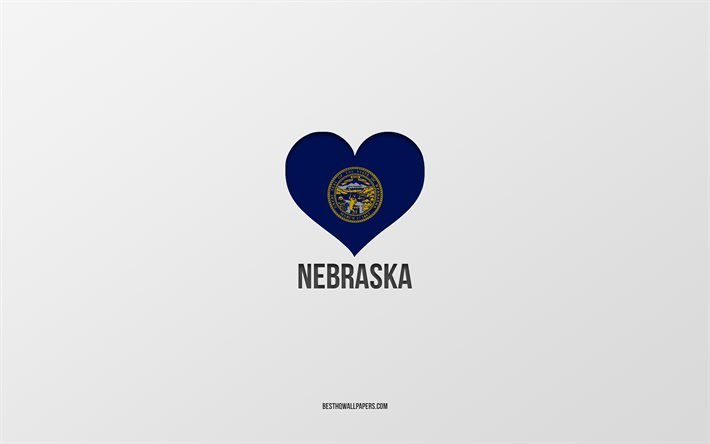 J&#39;aime le Nebraska, les &#201;tats am&#233;ricains, fond gris, l&#39;&#201;tat du Nebraska, USA, coeur de drapeau du Nebraska, les &#201;tats pr&#233;f&#233;r&#233;s, l&#39;amour du Nebraska