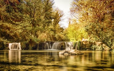cachoeira, lago, floresta, outono, amarelo &#225;rvores, paisagem de outono