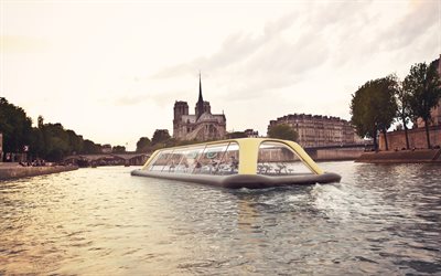 Paris, 4k, Notre Dame Cathedral, France, river Seine, motor ship, sunset, Paris landmarks