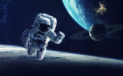 astronauta, 4k, Terra, espa&#231;o, galaxy, sat&#233;lites