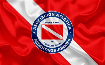 Argentinos Juniors, 4k, Argentinian football club, emblem, logo, Superliga, Argentina Football Championships, football, Buenos Aires, Argentina, silk texture