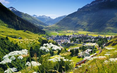 Andermatt, 4k, k&#246;y, Swiss Alps, Avrupa, İsvi&#231;re, Alpler, yaz, dağlar