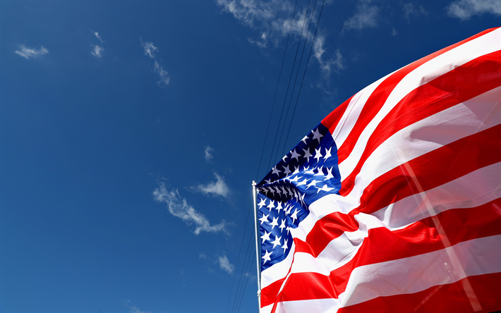 Bandiera americana, 4k, USA bandiera, blu, cielo, bandiera, America, bandiera degli stati UNITI