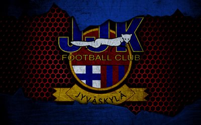 Jyvaskyla, 4k, logo, Veikkausliiga, soccer, football club, Finland, JJK Jyvaskyla, grunge, metal texture, Jyvaskyla FC