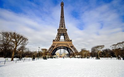 Paris, Winter, 4k, France, Eiffel Tower, Champs Elysees, Paris attractions, snow, Paris landmarks