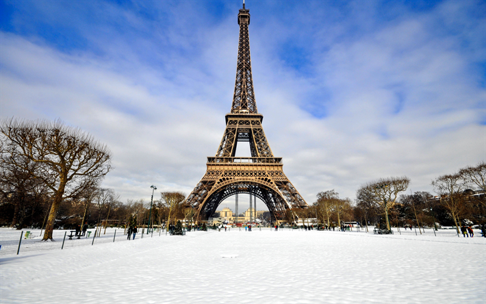 Paris, Kış, 4k, Fransa, Eyfel Kulesi, Champs Elysees, Paris g&#246;r&#252;lecek yerler, kar, Paris yerlerinden