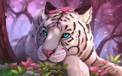 Tigre-de-bengala, arte, olhos azuis, Panthera tigris tigris, tigre branco, predadores