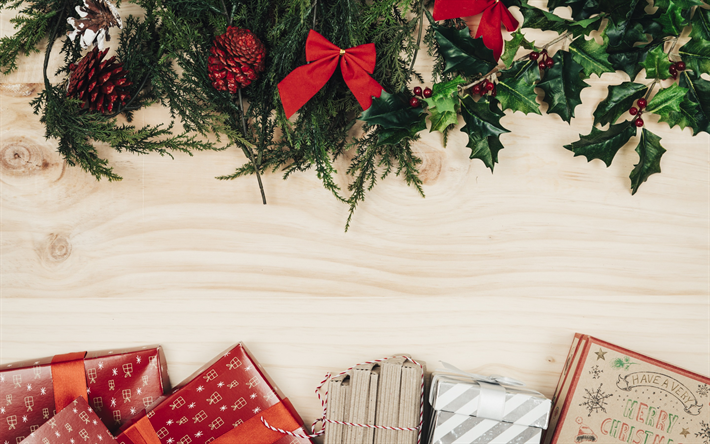 Navidad, A&#241;o Nuevo, 2018, decoraciones de Navidad, regalos, fondo de madera