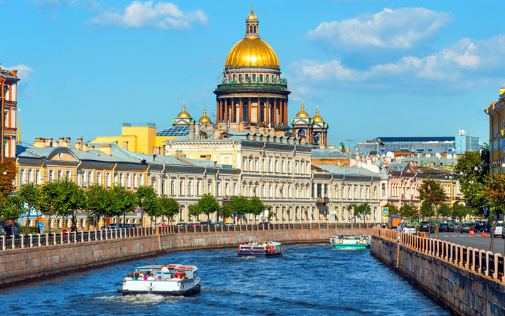 Saint Petersburg, 4k, Neva River, Saint Isaacs Cathedral, russian landmarks, Russia