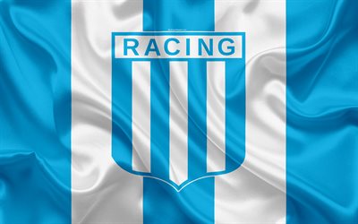 Racing Club de Avellaneda, 4k, Argentine Football Club, emblem, logo, First Division, Superliga Argentina, Argentina Football Championships, football, Avellaneda, Argentina, silk texture