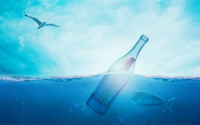 bottle, 4k, underwater, sea, sun, bird, fish