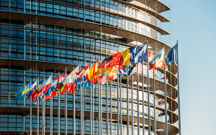 Avrupa Parlamento Binası, 4k, Br&#252;ksel, Bel&#231;ika, Avrupa Birliği, AB &#252;lkelerinin bayrakları, modern binalar, Avrupa Parlamentosu