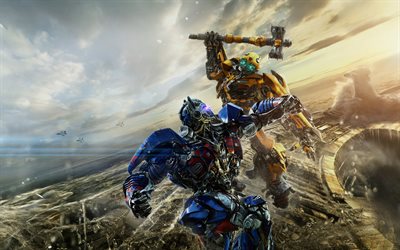 Transformers 5, El &#218;ltimo Caballero de 2017, cartel, 4k, batalla, Optimus Prime, Bumblebee