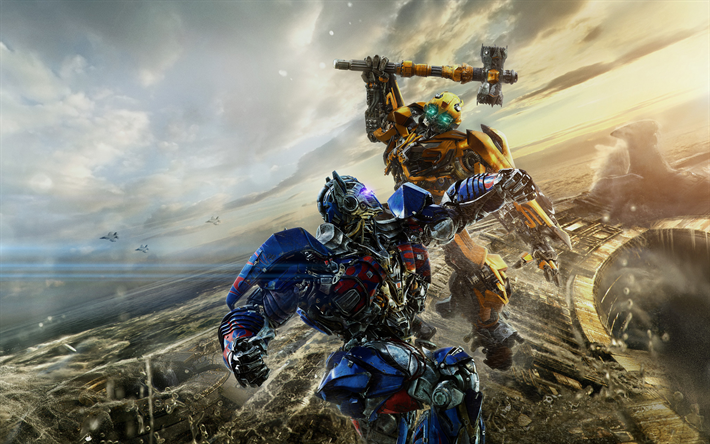 Transformers 5, Le Dernier Chevalier de la, en 2017, d&#39;affiches, 4k, bataille, Optimus Prime, Bumblebee