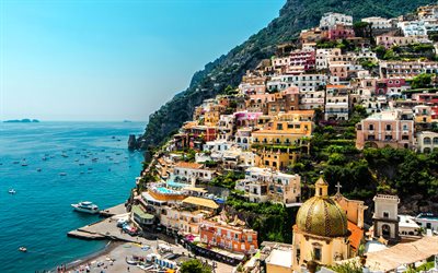 Positano, 4k, Gulf of Salerno, summer, sea, italian landmarks, Italy, Campania, coast, Amalfi