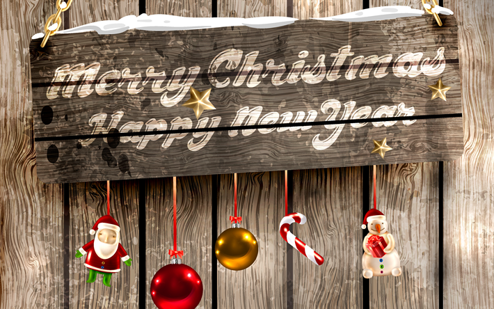 Feliz Navidad, 4k, tablero de madera, decoraci&#243;n de navidad, Navidad, A&#241;o Nuevo