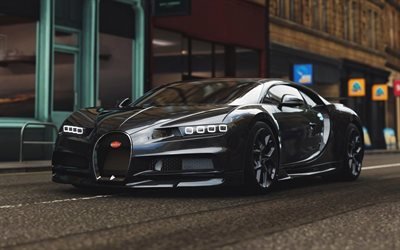 Bugatti Chiron, via, 2018 auto, hypercars, nero Chiron, supercar, Bugatti