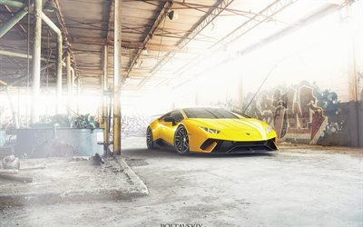 Lamborghini Huracan, supercars, tuning, 2018 cars, abandoned house, hypercars, yellow Huracan, Lamborghini